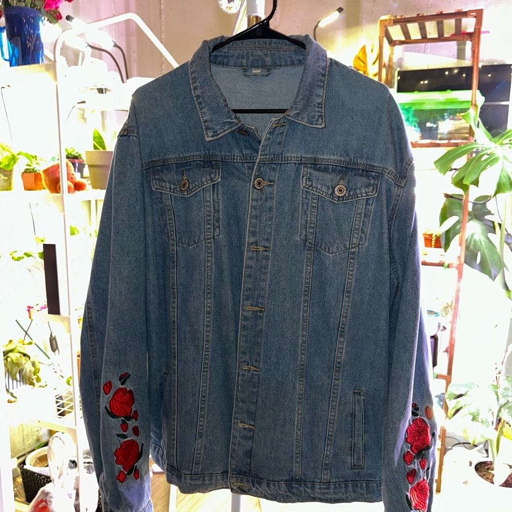 Denim Jacket with Red Floral Embroidery